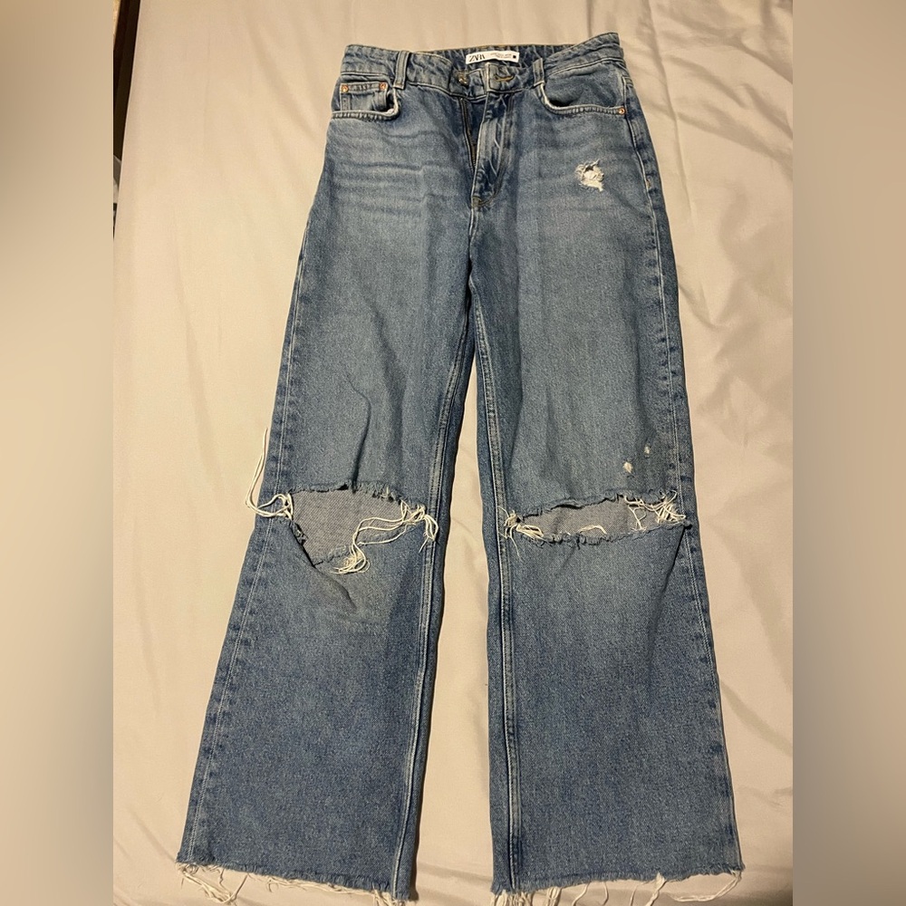 Zara Blue Distressed Flare Jeans